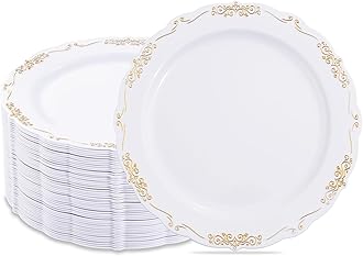 I00000 60pcs Gold Dessert Plates - 7.5in Disposable - White with Gold Rim - Premium Hard Plastic Cake & Appetizer Plates for Wedding & Party