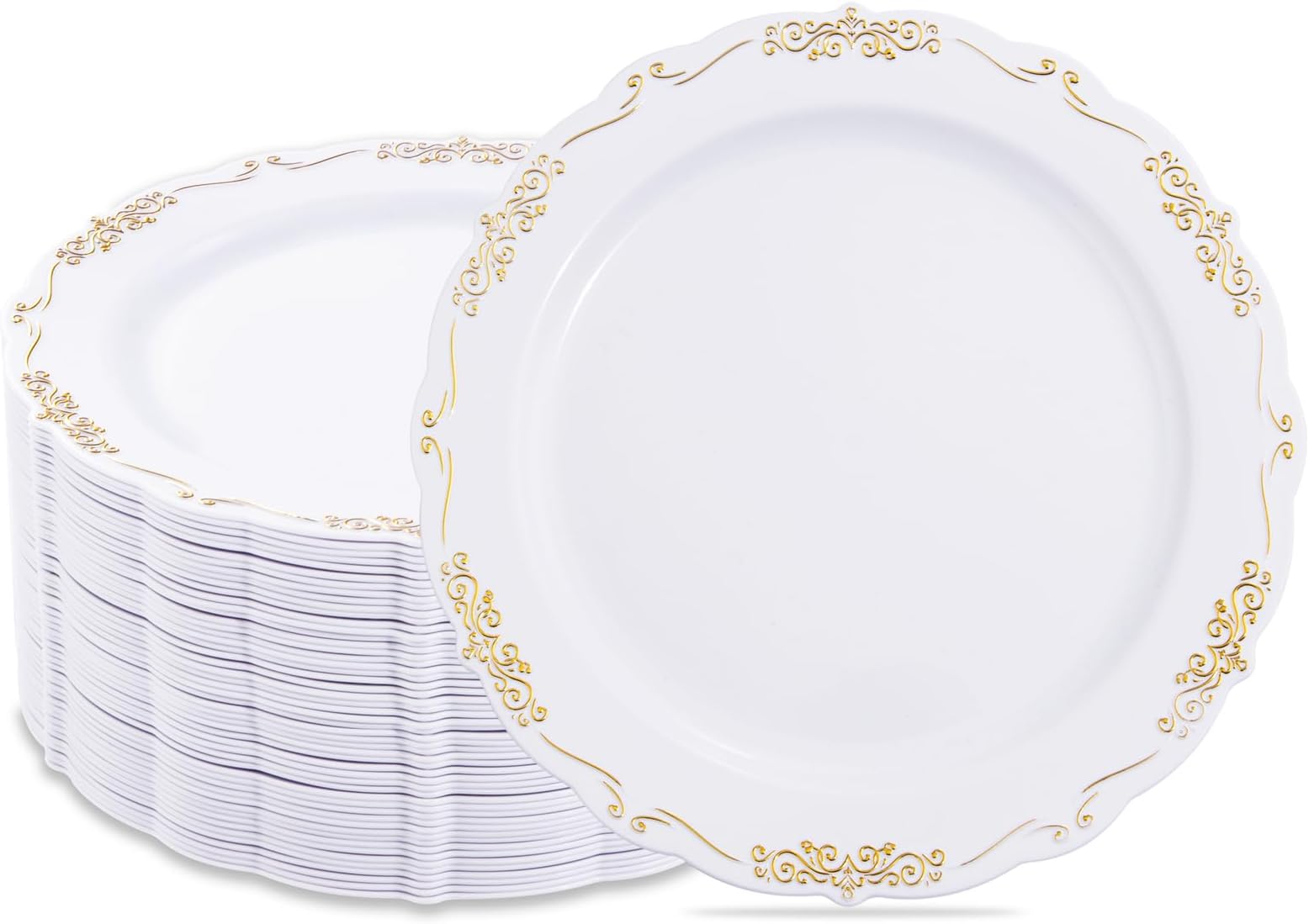 I00000 60pcs Gold Dessert Plates - 7.5in Disposable - White with Gold Rim - Premium Hard Plastic Cake & Appetizer Plates for Wedding & Party