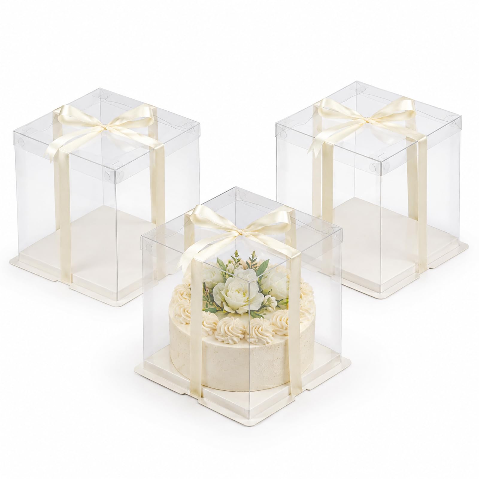 xilianBPK 3 Pcs Clear Gift Box with Ribbon 2-Layer 26x26x31cm, Transparent Cake Carrier Box with Lids, PET Tall Cake Packaging Boxes, Clear Gift Boxes for Birthday,Wedding and Festival Party