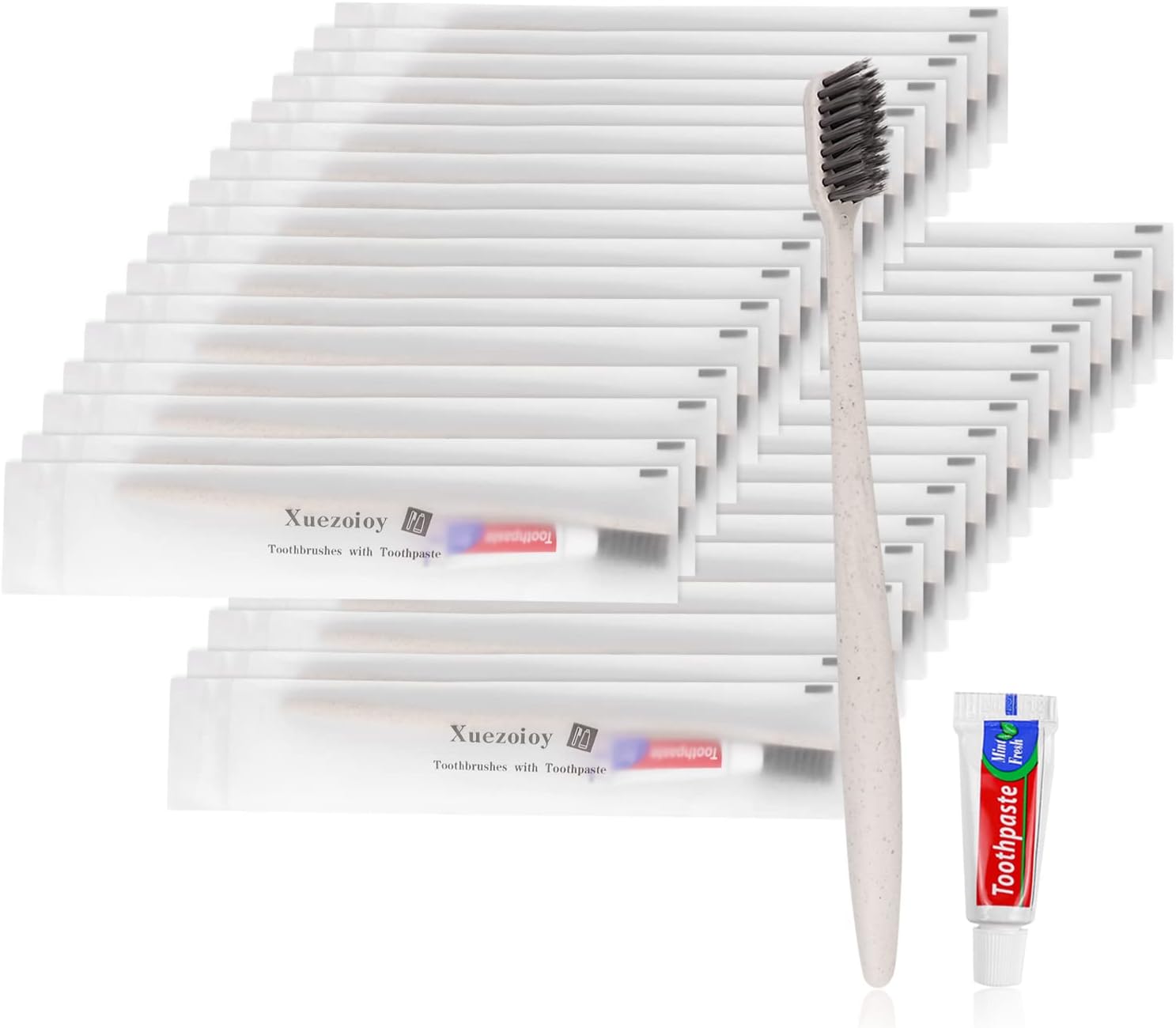 XuezoioyDisposable Toothbrushes with Toothpaste,30 Pack Apricot Individually Wrapped Disposable Travel Toothbrushes Kit in Bulk for Homeless,Nursing Home,Hotel,Charity