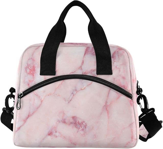 ALAZA Lunch Bags for Women Girls Boys, Pink Marble Pattern Insulated Lunch Box with Shoulder Straps and Handle, Crossbody Tote Lunch Bag for School Office