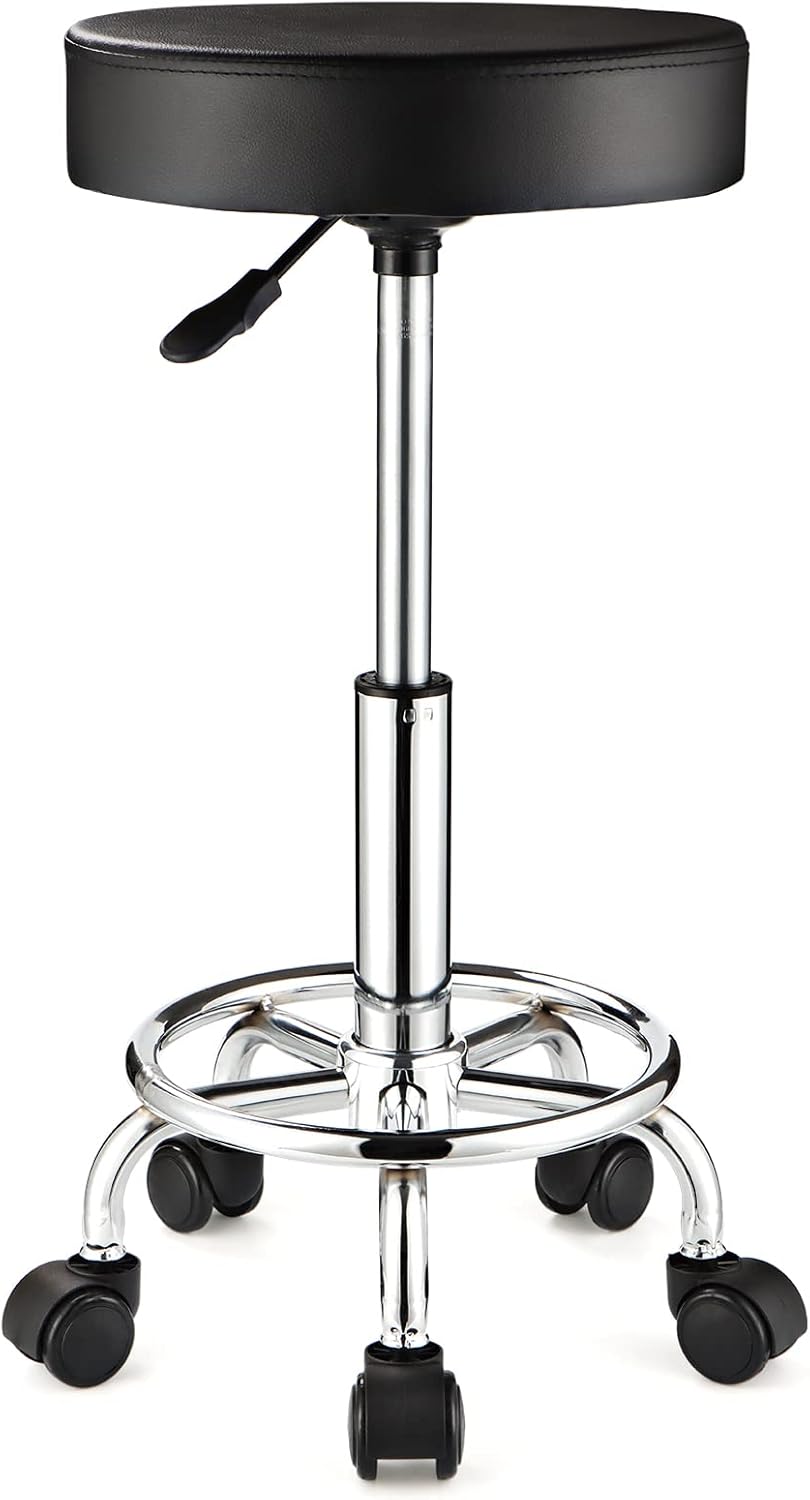 Adjustable Stool with Wheels Round Rolling Stool for Spa Salon Massage Office Chair (Black)