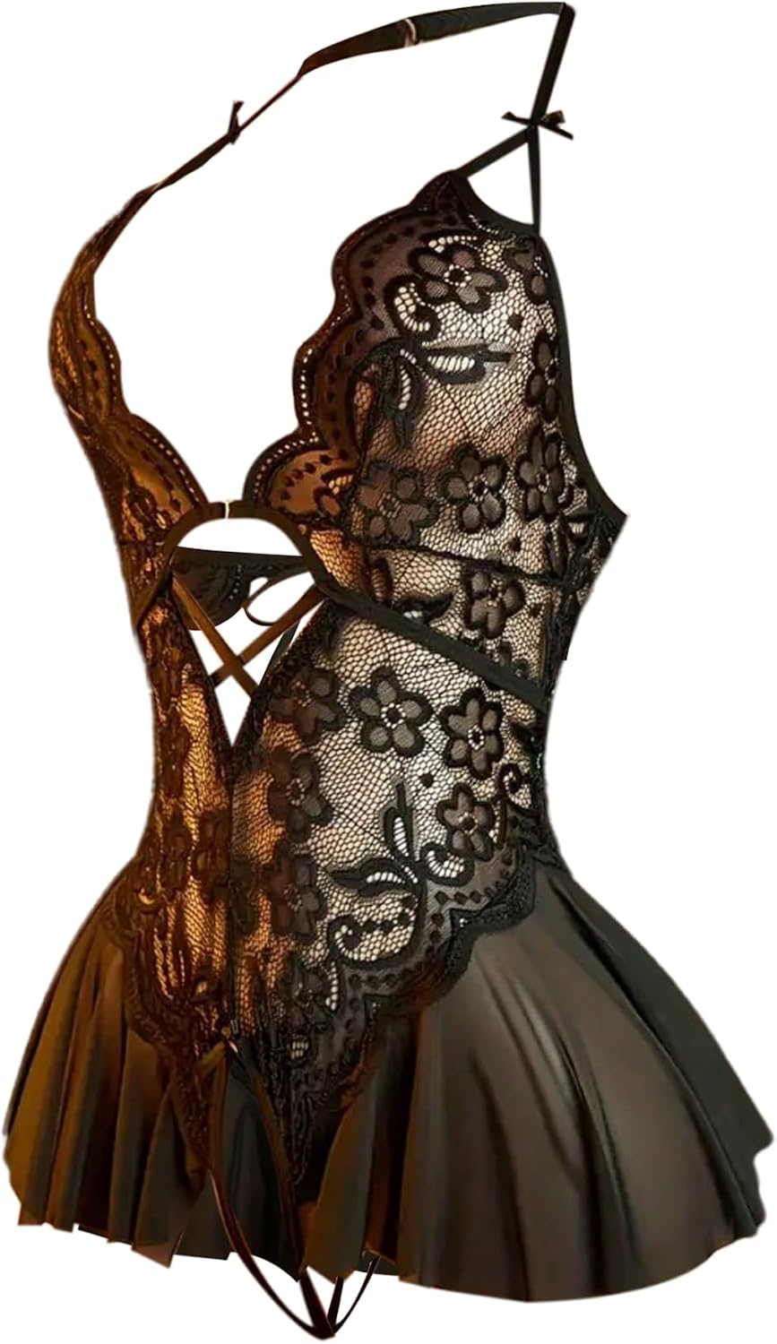 SOLY HUX Women's Deep V Neck Halter Lace Teddy Lingerie Cut Out Ruffle Babydoll One Piece