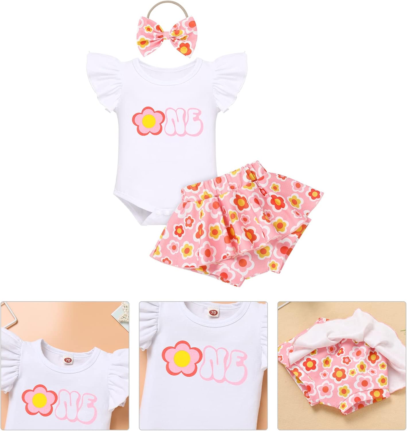 FYMNSI Baby Girls Mouse 1st Birthday Outfit Sunflower Peach ONE Romper + Tutu Shorts + Headband for Cake Smash Photo Props - Image 4