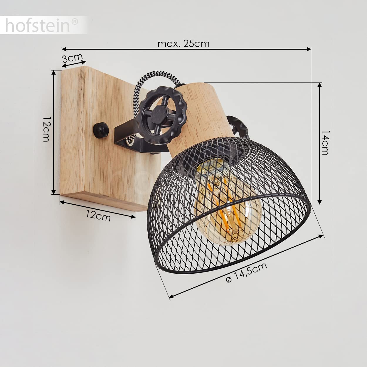 Wandleuchte Orny – Vintage-Design Aus Holz/Metall, Schwenkbarer Strahler, E27 Fassung, Ohne Leuchtmittel, Natur/schwarz