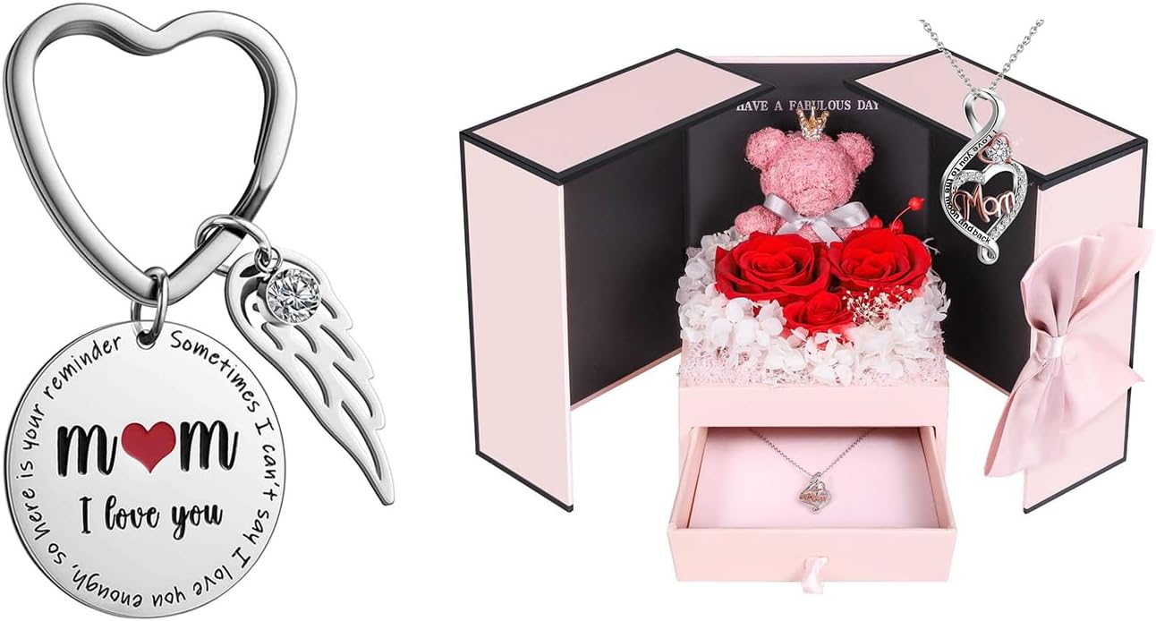 ADDWel Preserved Red Roses with Sterling Silver Necklace & Mom I Love You Engraved Keychain - Mother's Day for Mom