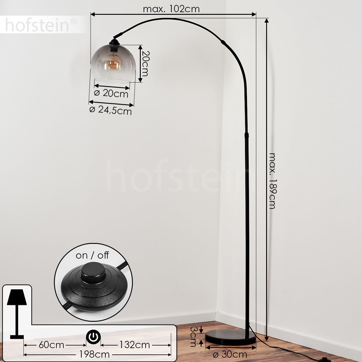 Stehleuchte Tapitapa, Stehlampe aus Metall/Glas/Marmor in Schwarz/Rauchfarben/Klar, verstellbare Bogenlampe (Ø 24,5 cm) m. Fuß aus Marmor, 1 x E27 max. 60 Watt, ohne Leuchtmittel, Fußschalter am Kabel