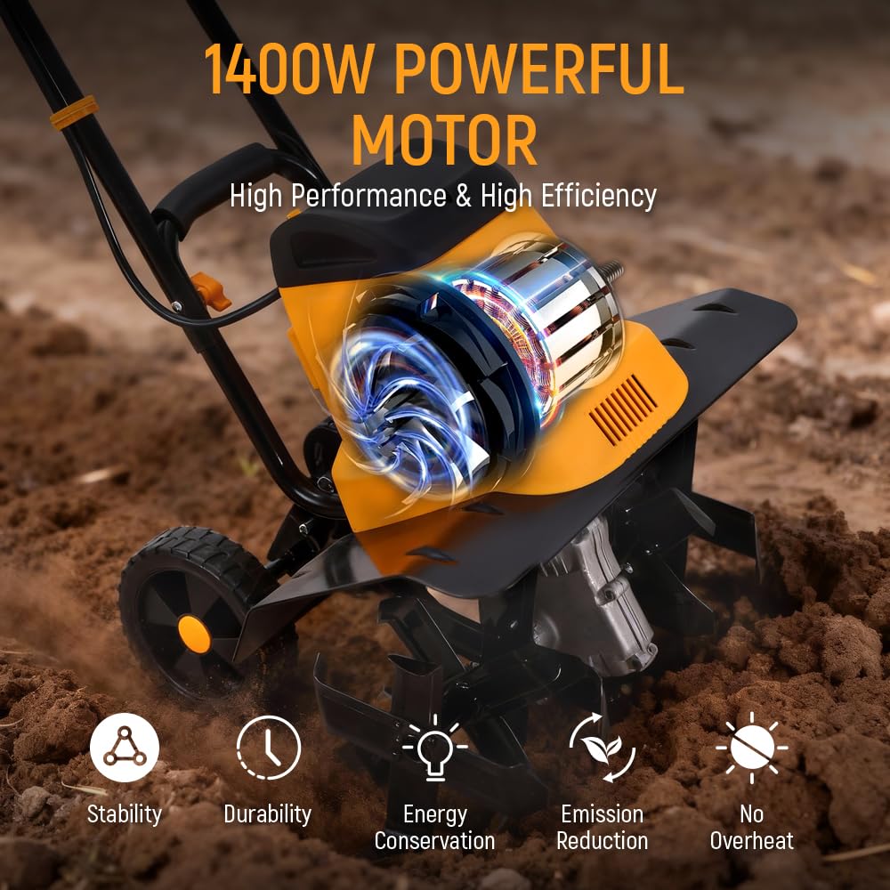 Hoteche Azada eléctrica de jardín de 1400 W, 330 rpm, 430 mm de ancho de trabajo, 6 cuchillos, color naranja y negro