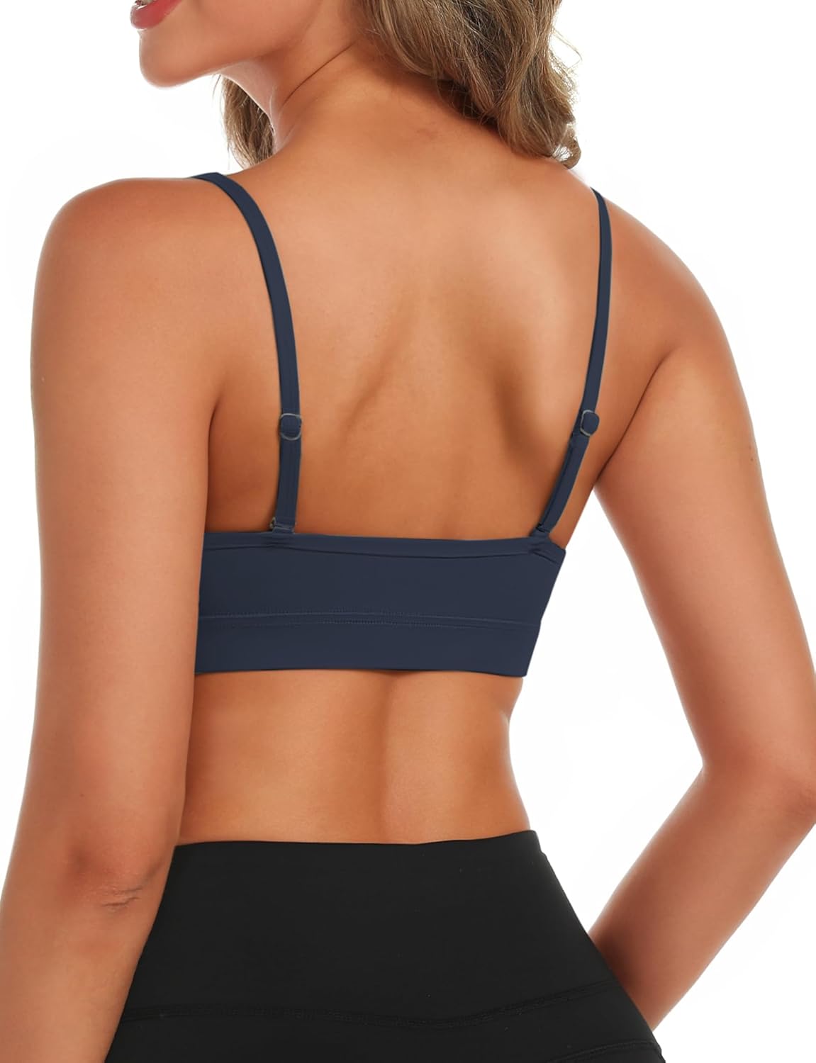 Buauty V Neck Sports Bra for Women, Padded Push up Women's Sport Bras Adjustable Thin Straps, Light Support Yoga Camisole Basic Top, Low Impact Spaghetti Strap Sport Racerback Bras Navy Blue L - Image 3