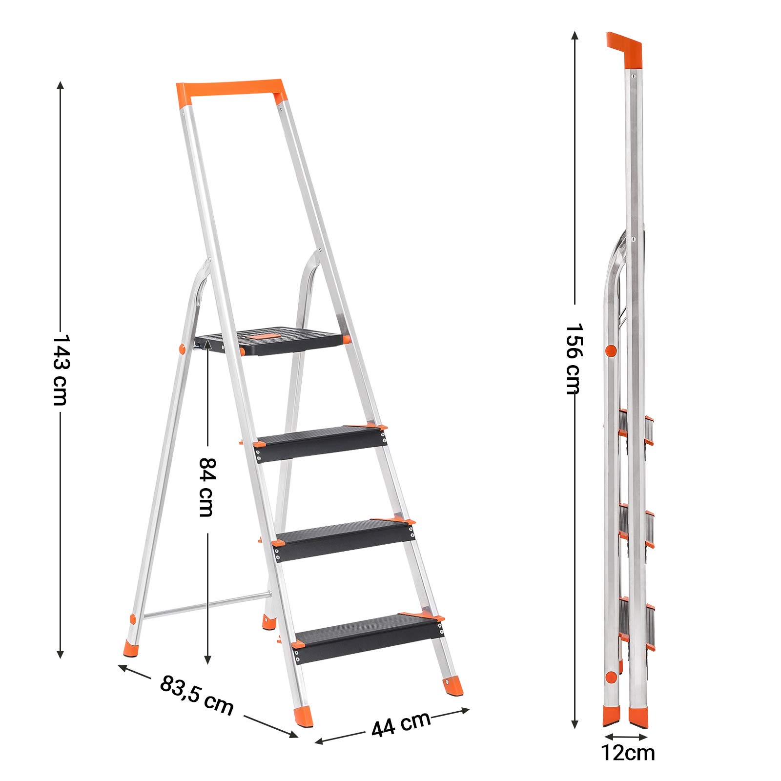 SONGMICS Scaletta a 4 Gradini, Scala Pieghevole in Lega di Alluminio, Gradini Larghi 12 cm, con Portautensili e Piedini Antiscivolo, Max. Portata Statica 150 kg, Nero e Arancione GLT04BK