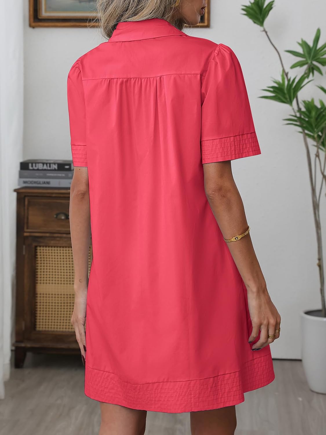 WOWULOVELY Womens Summer Short Sleeve Button Down Mini Shirt Dress Casual Lapel Collar Loose Beach Dresses with Pocket