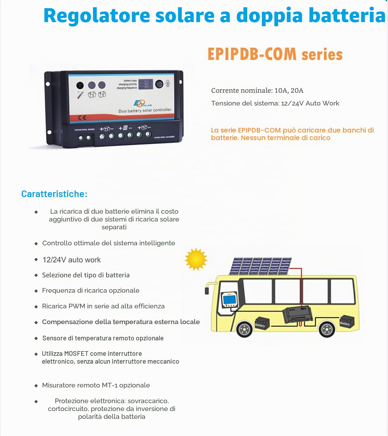 regolatore regolatore di carica solare 20A 12V 24V auto work Dual batteria con telecomando mt-1 Meter per camper, caravan, barca o qualsiasi sistema con due batterie o batteria banche