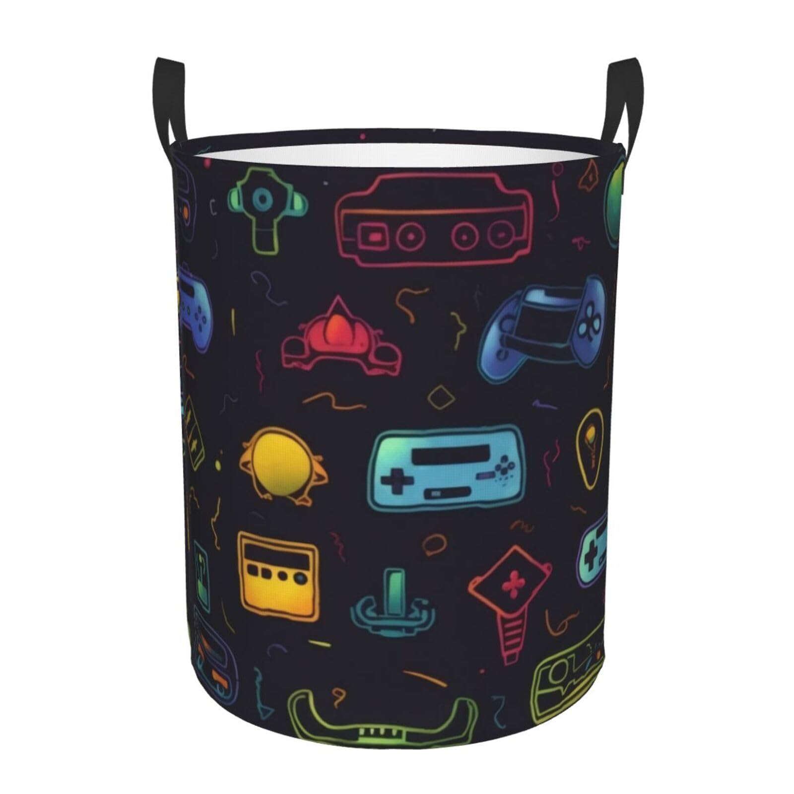 Circular Laundry Basket/Game Video Gaming Pattern/Foldable Dirty Clothes Storage Hamper, With Handles, Water Resistant, For Bedroom Bathroom Storage Bins 50x40cm