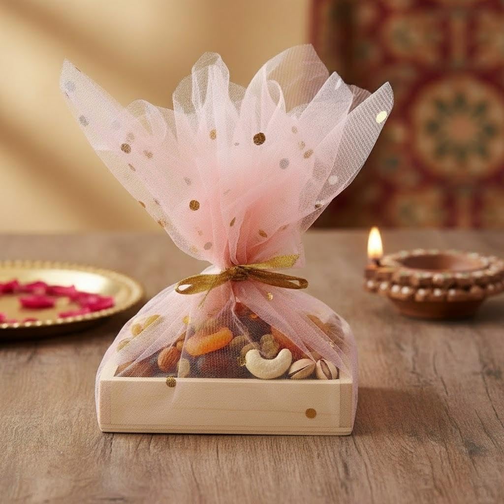 Elegant Square Wooden Basket Gift Box 8.5×8.5 Inch with Pink Net Wrapping, Decorative Polka Dot Fabric, Rustic Hamper Tray for Weddings, Birthdays, Baby Showers, Festive Gifting and Décor (Pack of 1) Elegant Square Wooden Basket Gift Box 8.5×8.5 Inch with Pink Net Wrapping, Decorative Polka Dot Fabric, Rustic Hamper Tray for Weddings, Birthdays, Baby Showers, Festive Gifting and Décor (Pack of 1)