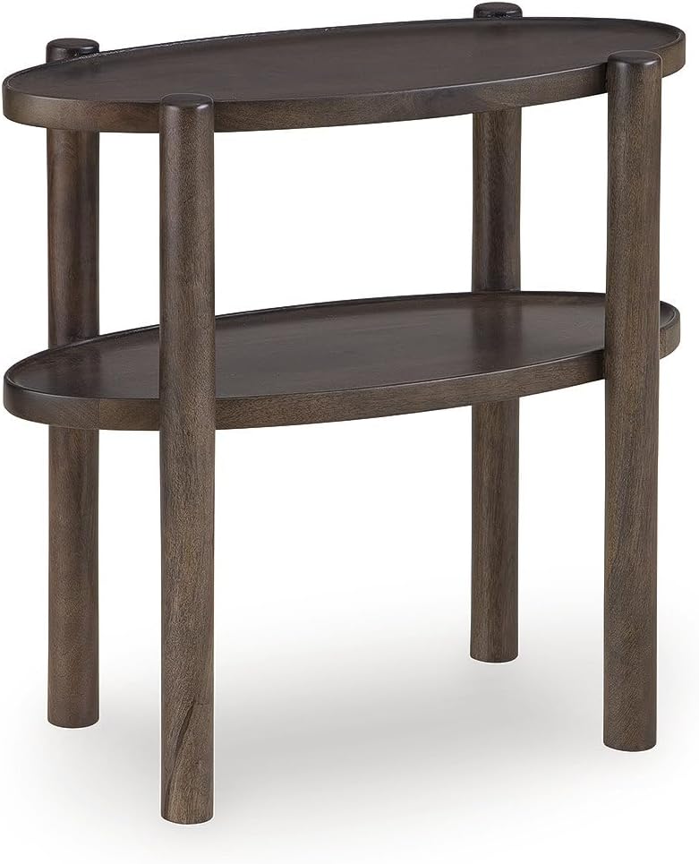 Signature Design by Ashley 2-Tier Narrow Oval End Table, Gray Brown | Solid mango wood, Fully assembled, Raised tray edges, Mid-century modern style, Wiattbury Series