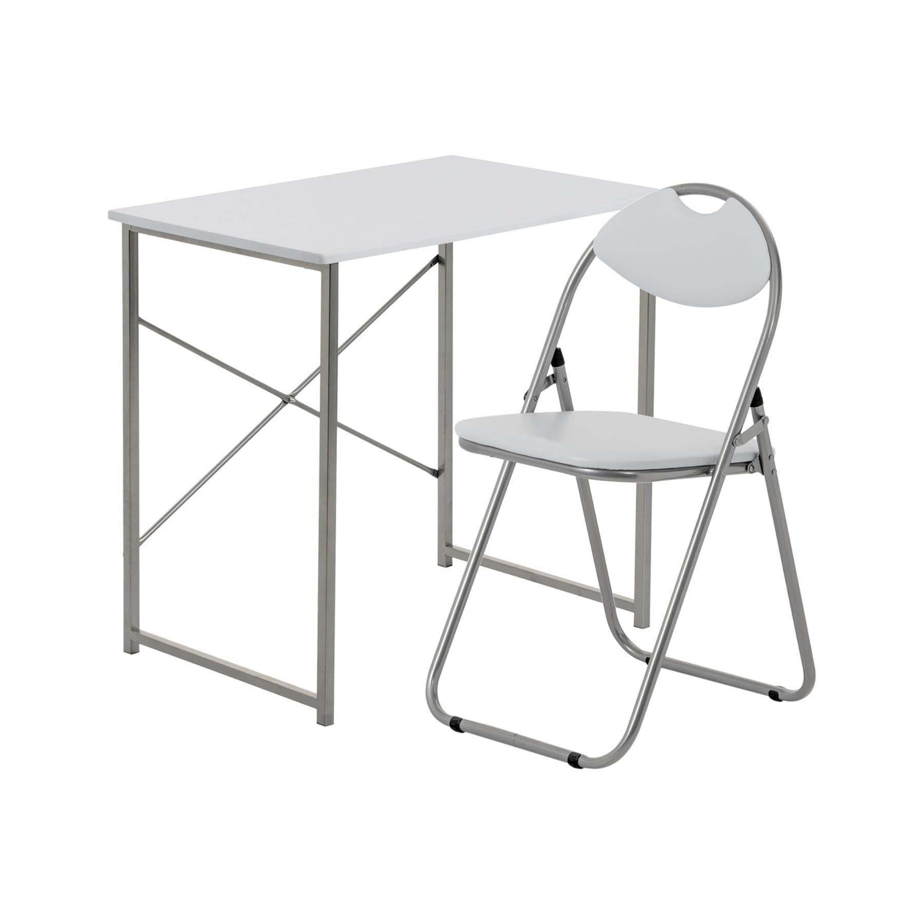 Harbour Housewares Industrial Office Desk & Chair Set - 80cm - White/White - PC Computer Workstation Contemporary Laptop Durable Tubular Steel Compact Wooden Desk and Folding Chair for Study, Offices