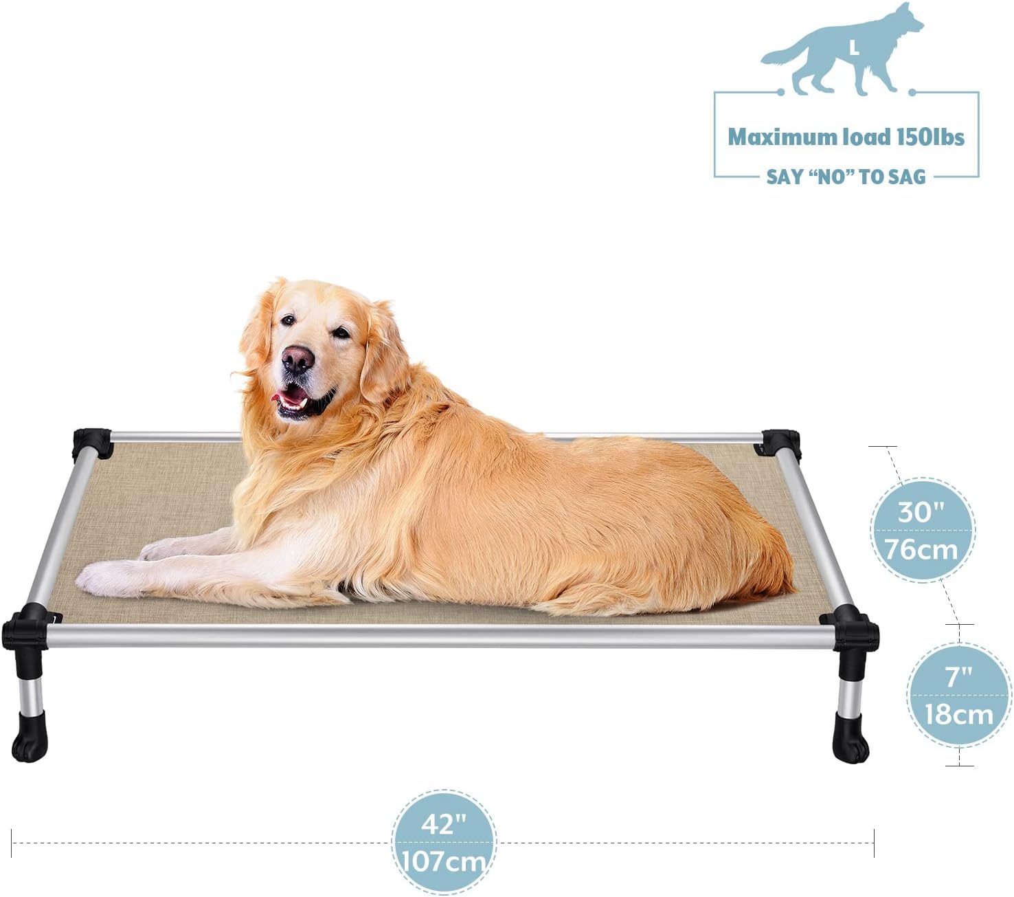 Veehoo Raised Dog Bed, Chew Proof Elevated Dog Bed with Washable & Breathable Mesh, Portable Pet Cot with Supereasy Buckle Fastener Design, Silver Aluminum Frame, No-Slip Feet, Beige Coffee, Large