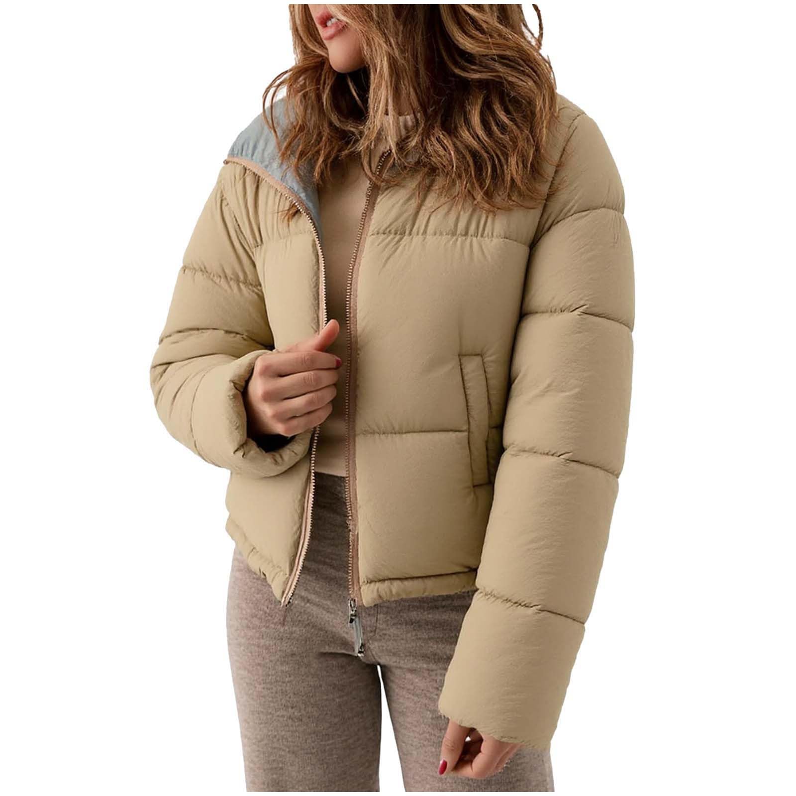 Vestes matelassées courtes pour femme – Manteaux matelassés et réversibles – Manteau d'hiver chaud en duvet – Manteau à capuche avec col montant et fermeture éclair – Manteau léger et décontracté