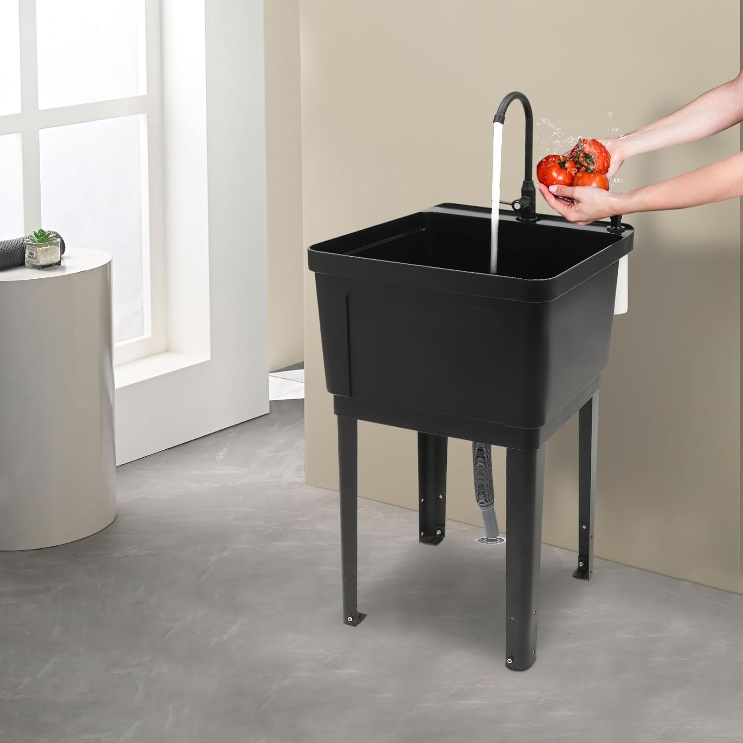 Plastic Laundry & Utility Room Sinks with 360° Rotatable Faucet, Freestanding Laundry Room Sink, Garage Sink, 19.68 * 19 * 33.07in Utility Tub Heavy Duty Compact Utility Sink for Laundry Room & Garage