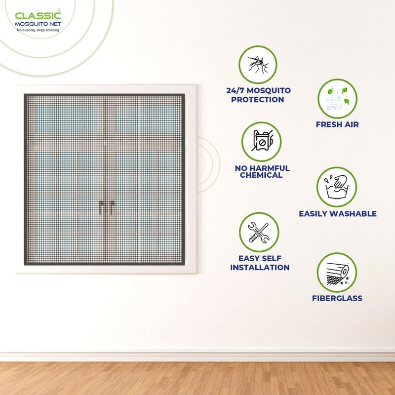 Image of Classic Mosquito Net for Windows | 60X150 cm | 120 GSM Fiberglass Mesh |Pre Stitched Window Net for Home | Self Adhesive Hook & Loop Easy Install | Protection from Mosquitoes & Insects |Grey