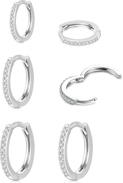 3 Pairs S925 Small Hoops Earrings for Women Men Silver Hoop Earrings Sterling Silver Huggie Hoops Earrings Set Cartilage Hoop Earrings Sleeper Hoop Earrings with Cubic Zirconia Gift 8/10/12mm