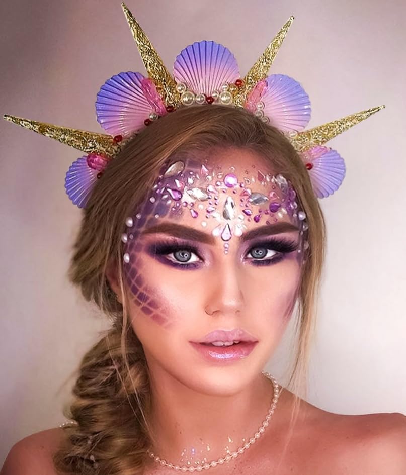 JeVenis Pink Seashell Halo Crown Headpiece Mermaid Headband Seashell Crown Headband Siren Costume Women Halloween Cosplay Renaissance