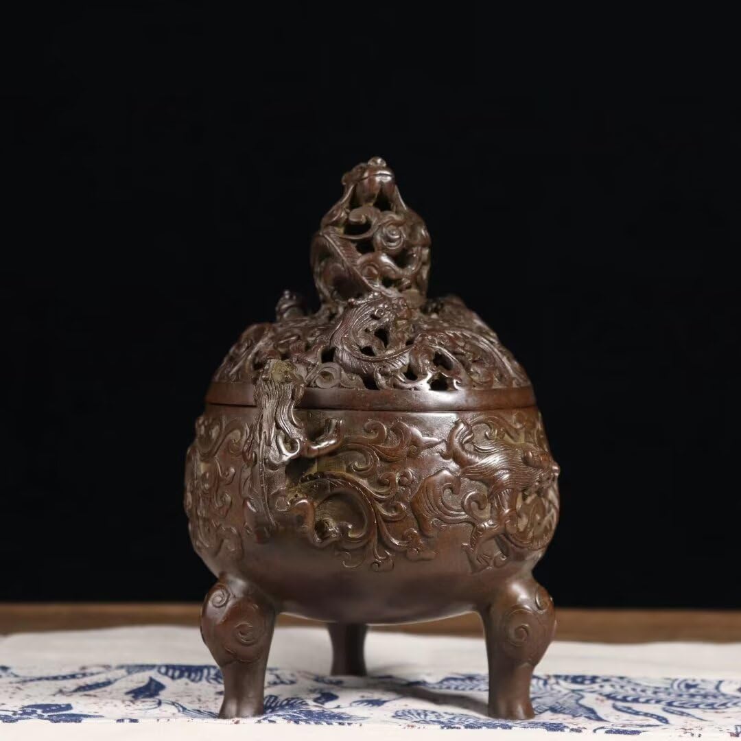 Quemador de Incienso Chino de Cobre Puro, Regalo Zen, Estufa de meditación para el hogar, Oficina, hogar, Estilo Chino con Tapa, Quemador de sándalo Decorativo.