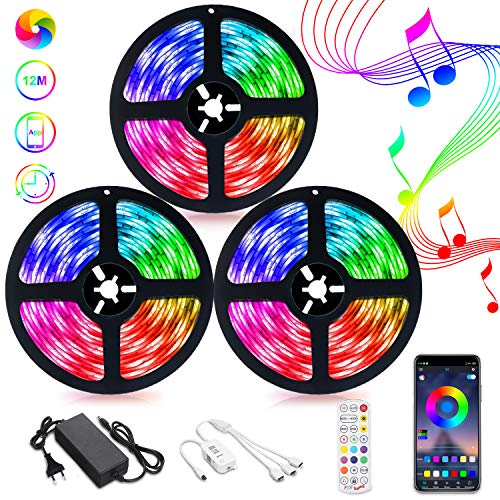 AMBOTHER Ruban LED Bleutooth 12M LED Ruban RGB 360 LEDs 5050 3 Modes de Contrôle APP/Télécommande IR/Récepteur Bande LED Autocollant Synchroniser avec Rythme de Musique Fonction de Minuterie 12V 5A
