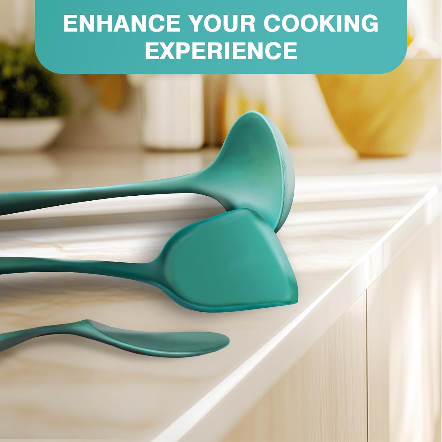 5-Piece Silicone Cooking Utensil Set, Food Grade Non-Stick Spatula and Ladle Set for Kitchen - Dishwasher Safe, Heat Resistant, Easy to Clean (Deep Green)