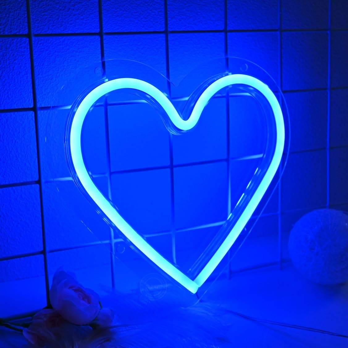 Planzo Heart Neon Sign LED Blue Light Battery Operated or USB Powered for Wedding Valentine's Day Party Decoration Birthday Gift Home Girls Room Bedroom Wall Decor 7.87" X 7.28"