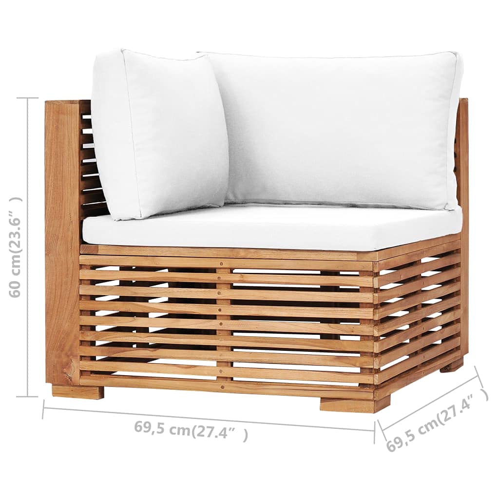 Divano da giardino angolare con cuscino bianco crema in legno massello teak per giardino, terrazza, balcone, mobili da esterno durevole con cuscino imbottito, set di divano in legno resistente
