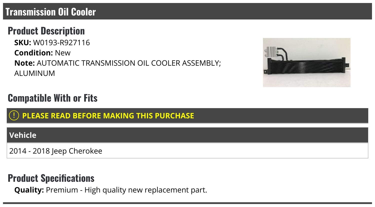 Marketplace Auto Parts Automatic Transmission Oil Cooler - Compatible with 2014-2018 Jeep Cherokee