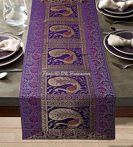 DK Homewares Traditional Decorative Brocade Table Runner 150 cm Long Bohemian Decoration For Party Purple And Gold Jacquard Peacock Floral Rectangle 5 Ft Home Decoration Table Cloth (40 x 150 cm)