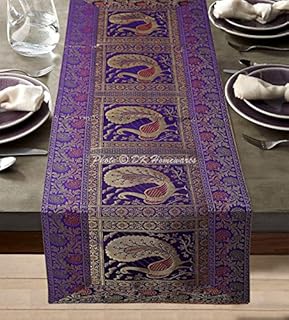 DK Homewares Traditional Decorative Brocade Table Runner 150 cm Long Bohemian Decoration For Party Purple And Gold Jacquard Peacock Floral Rectangle 5 Ft Home Decoration Table Cloth (40 x 150 cm)