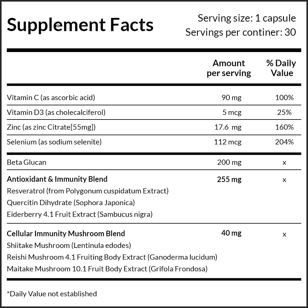 Munulex Immune Support Supplement | Featuring Beta-glucan, Resveratrol, Quercetin, Elderberry, Advanced Mushroom Complex + Zinc, Selenium, and Vitamins C and D3 | 30-Day Supply | Made in The USA