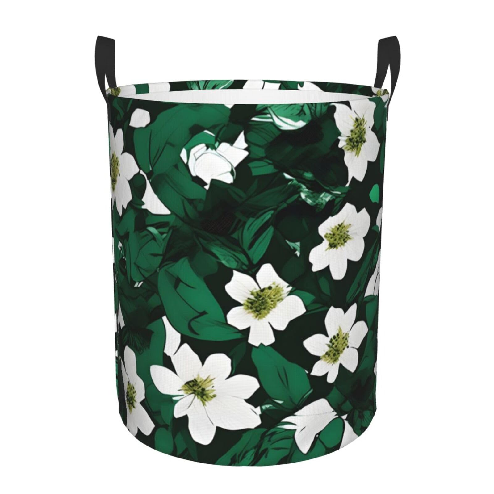 M Collapsible Round Hunter Green Floral Petals Pattern Print Laundry Hamper