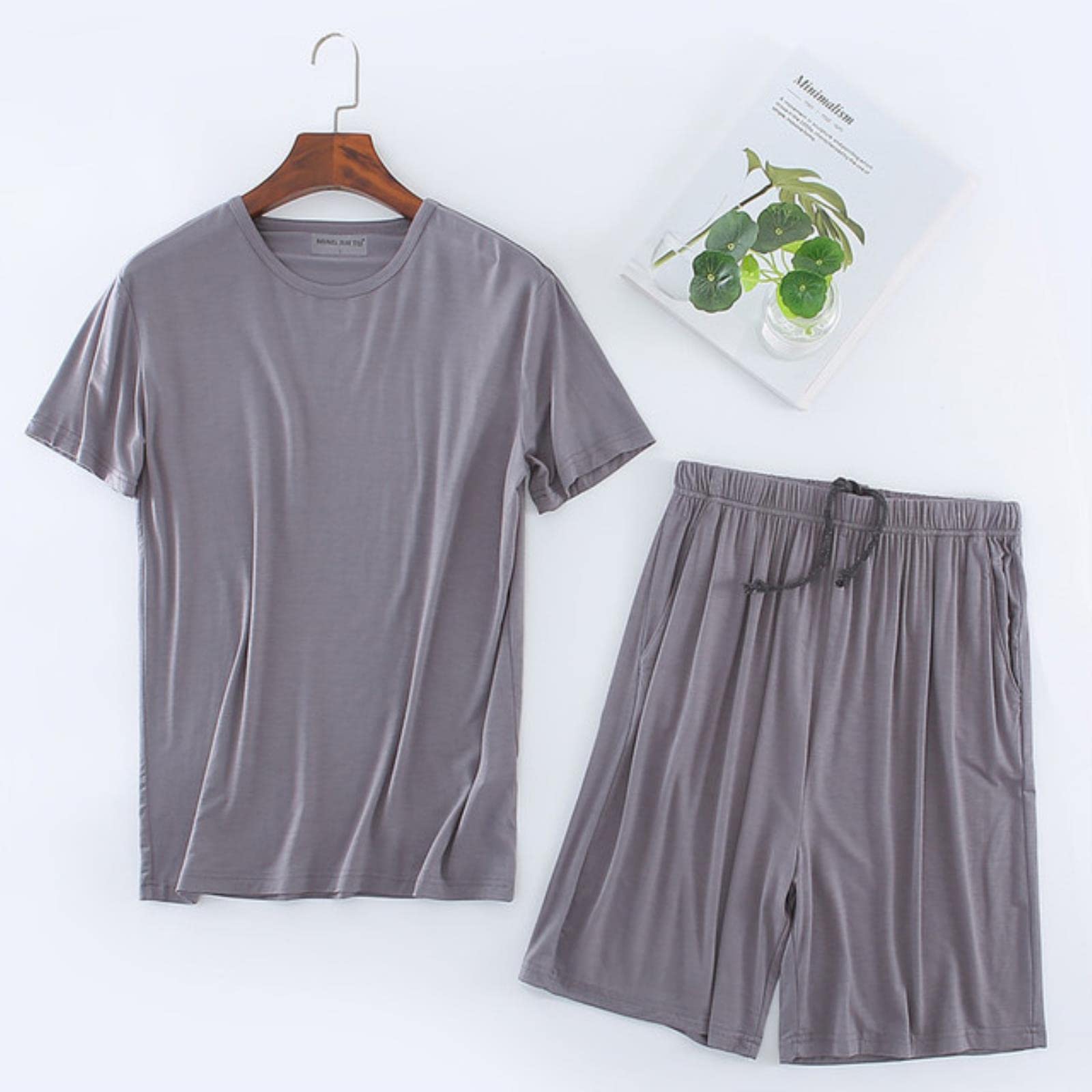 Talla Grande 6XL 7XL 8XL Conjuntos de Pijamas en V-Cuello PJS PJS Sleepwear Soft Modal Shorts Shorts de Manga Corta Men Casual-Dark Gray O-Neck,3XL(75kg)