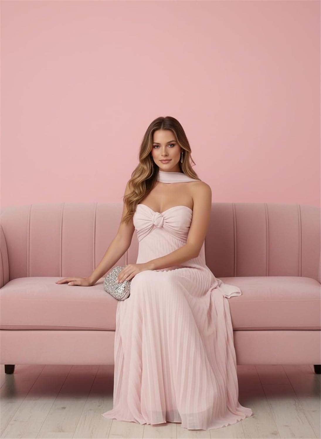 Strapless Chiffon Prom Dress for Women Long Pleated Flowy Bridesmaid Wedding Guest Maxi Gowns with Scarf - Image 3