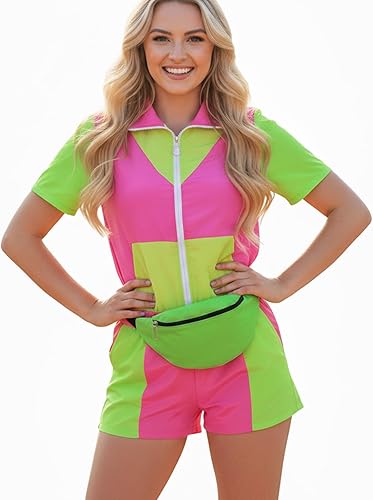 Miniatura 7 de Traje de los años 80 para mujer, con temática de los años 90, disfraz de entrenamiento de neón, fiesta retro, Halloween, accesorios hippie para