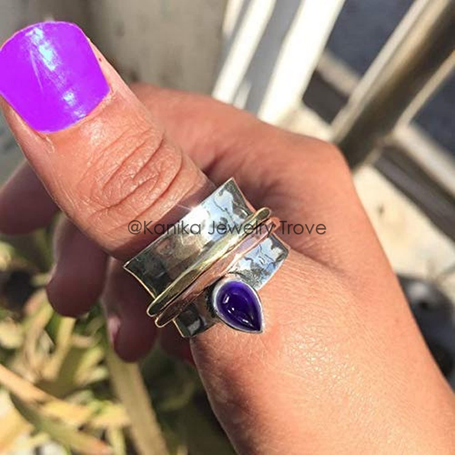 Angst Ring für Meditaion, 925 Sterling Silber Band, Spinner Ring aus Messing und Kupfer für Frauen, Geschenkring zum Muttertag (Amethyst, Größe 7)