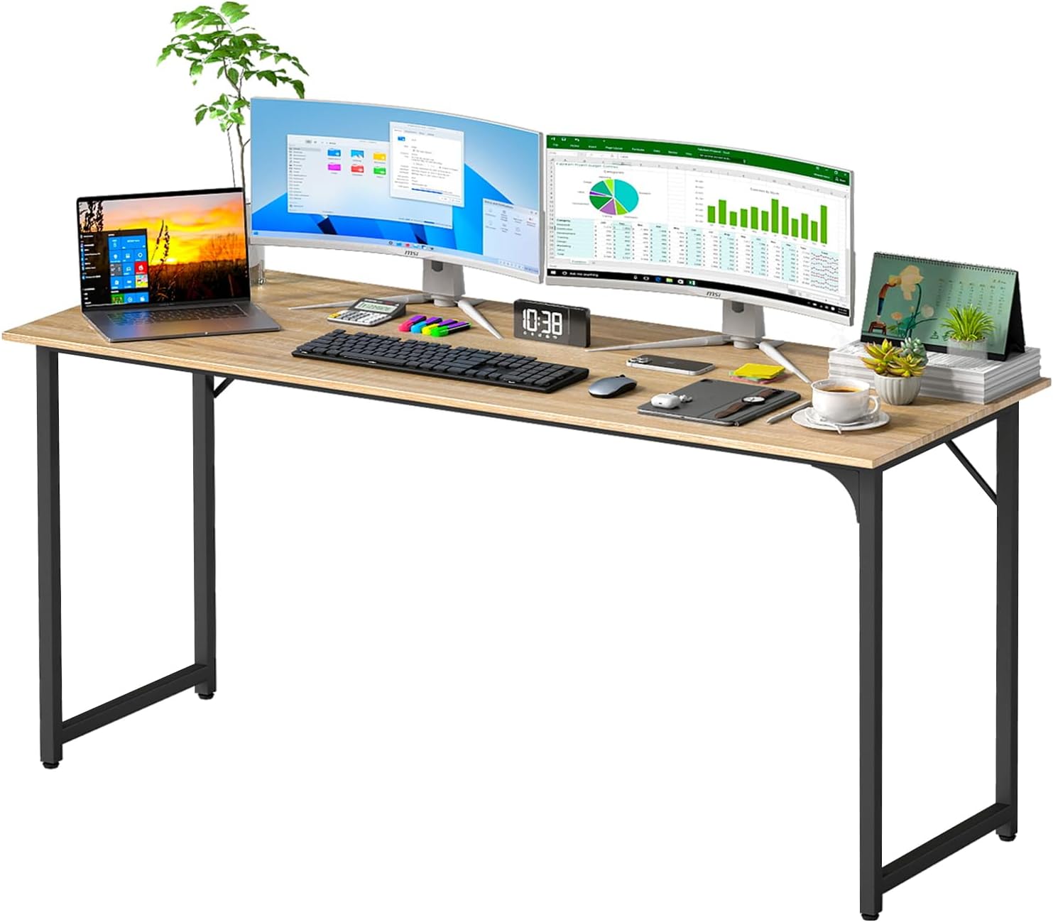 PayLessHere | 47 Inch Computer Desk | Brown | Office Desk with Metal Frame, Adjustable Feet | Water-Resistant, Scratchproof Surface | Sturdy Writing Table for Home Office or Study | Pack of 1