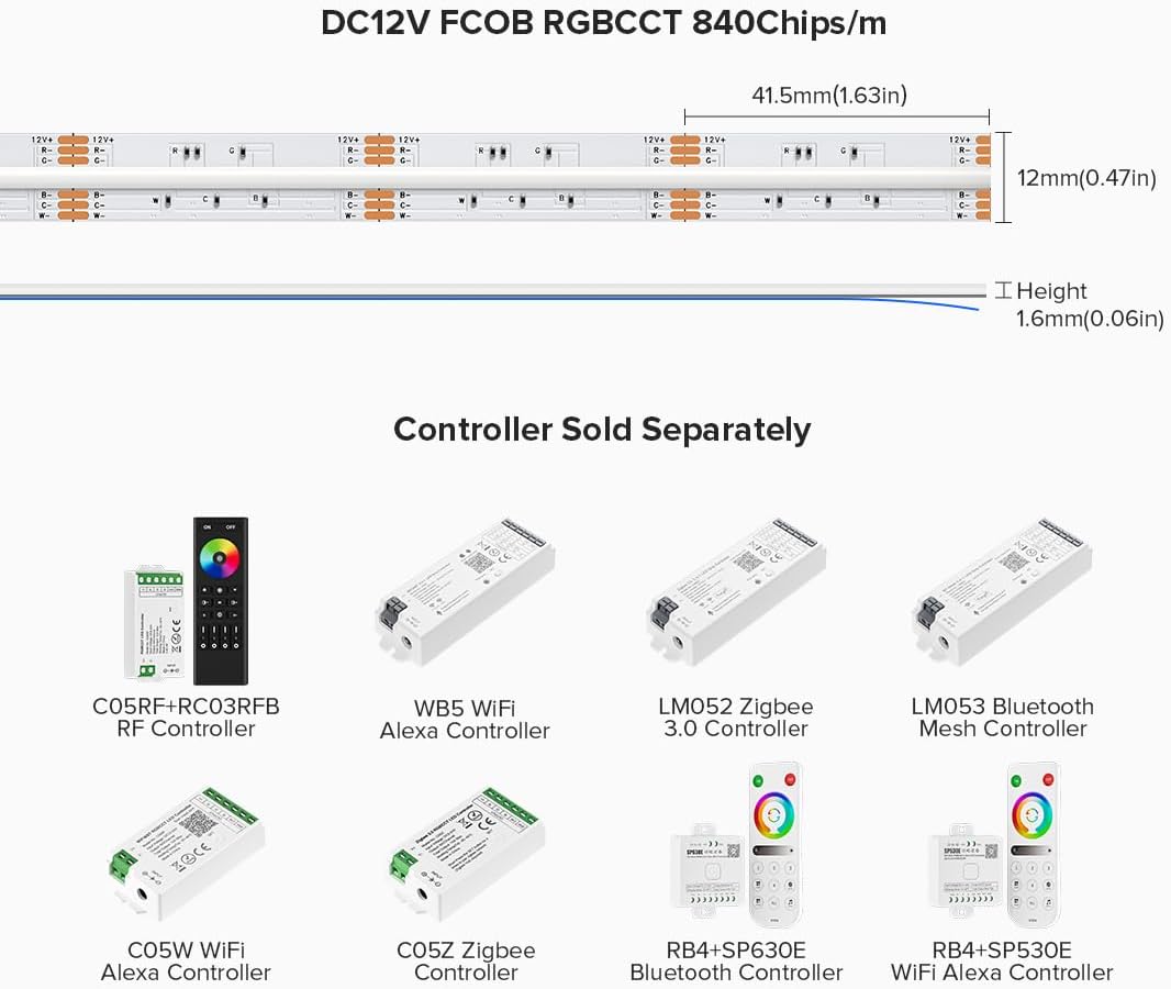 Diagram showing the dimensions of the DC12V FCOB RGBCCT 840Chips/m LED strip, with a width of 12mm and height of 1.6mm. Also lists compatible controllers sold separately.