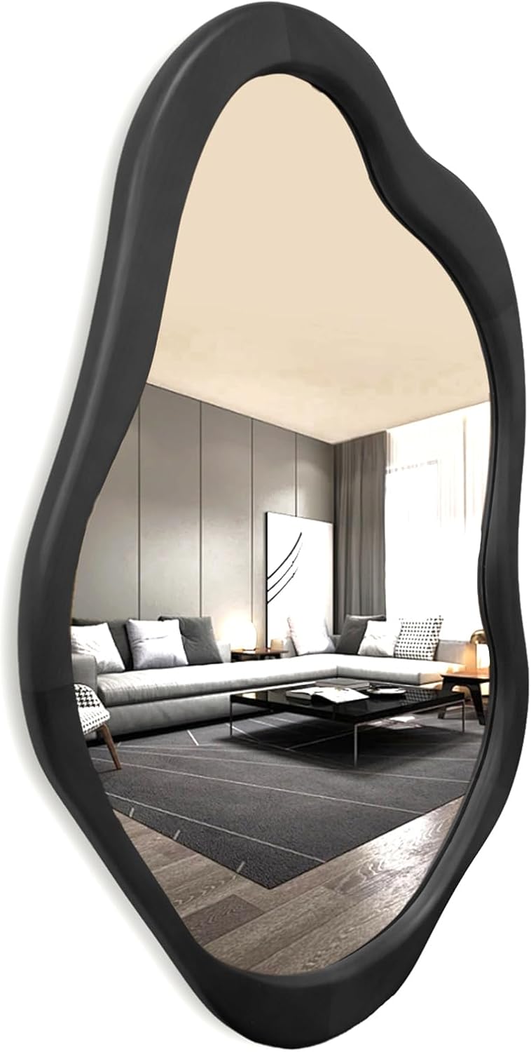 24"x 15" Wavy Wall Mirror Wood Frame, Modern Decorative Asymmetrical Mirror for Bedroom, Living Room, Entryway Walnut Color