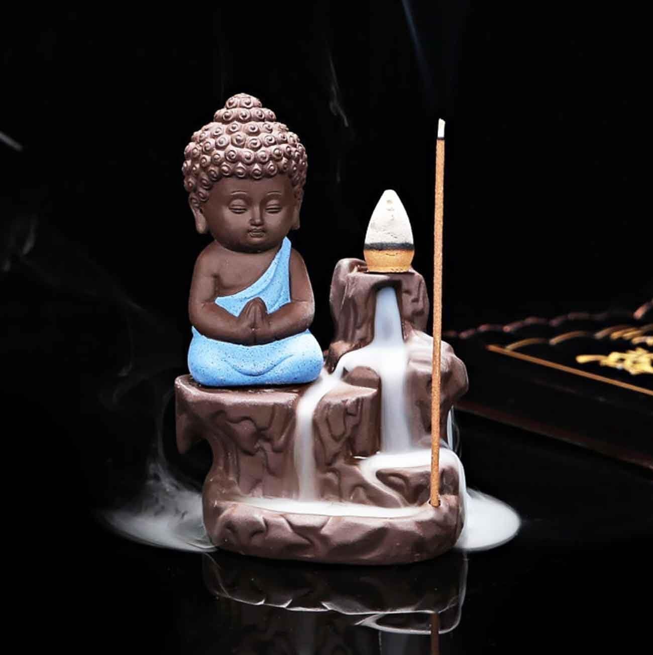 CRAFTAM Meditating Monk Buddha Smoke Backflow Fountain Cone Incense Holder Decorative Showpiece with Free 20 Smoke Backflow Scented Cones Incense (Blue)