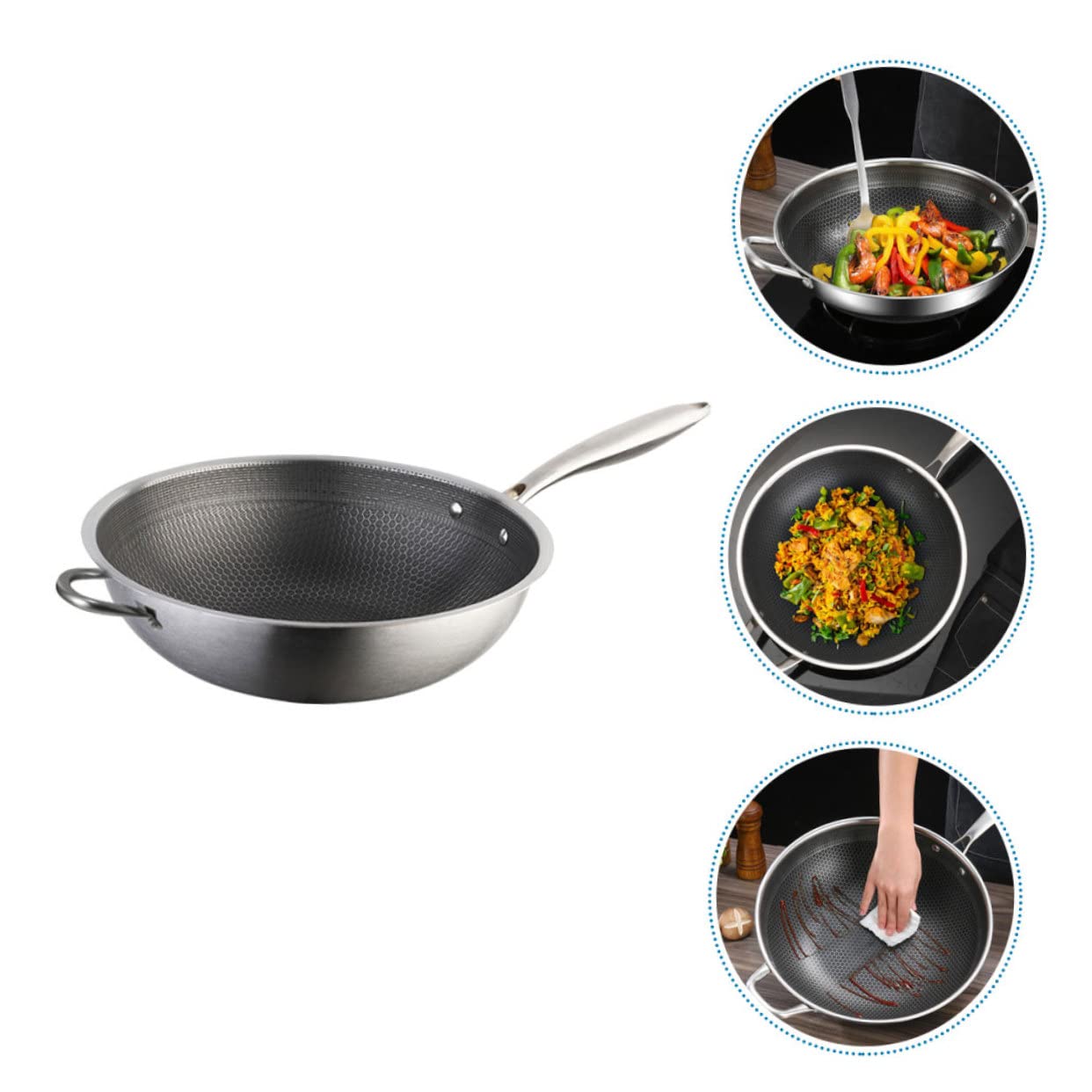 Uonlytech Wok in Acciaio Resistenti con Struttura a Nido d'Occhielli Antiaderente Manico Ergonomico Padella Tradizionale Cinese per Cucina a Induzione Resistente e Facile da Pulire