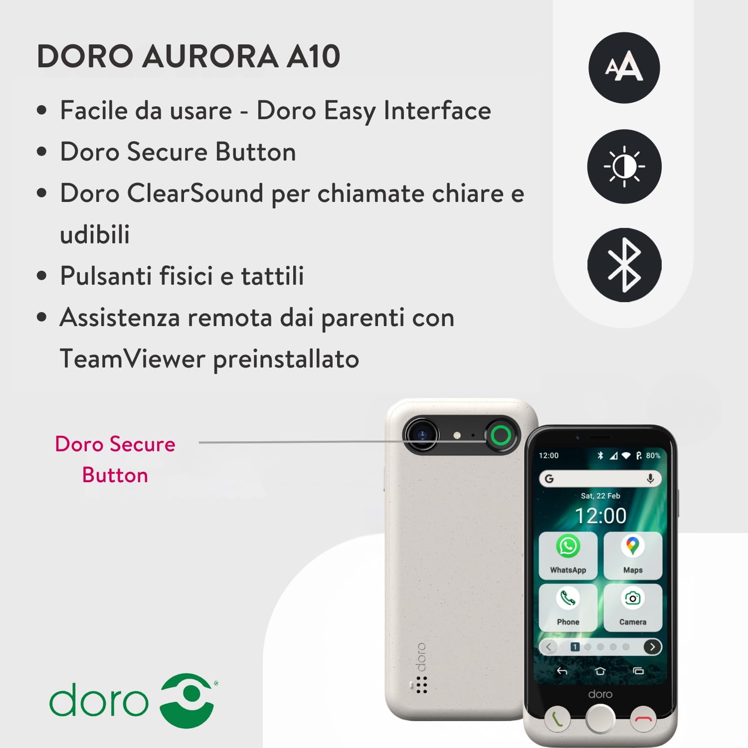 Doro - Smartphone Aurora A10 - Telefono cellulare per anziani - Facile da usare - Tasto assistenza con localizzazione GPS - Compatibile con apparecchi acustici - Cavo USB incluso - Grafite