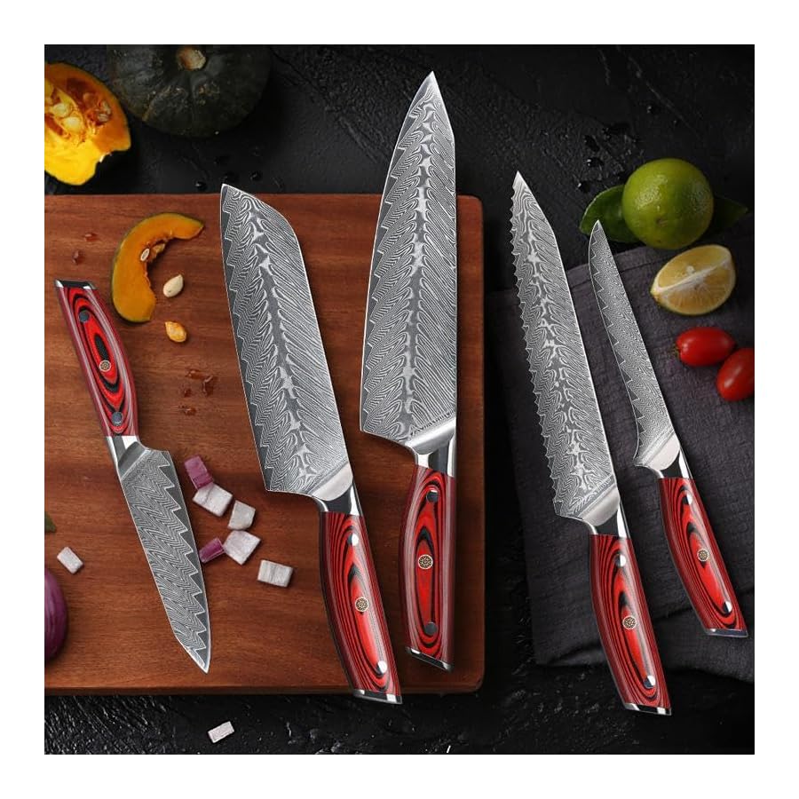 Kitchen Knife Set,7-Piece Damascus Knife Block Set Professional 73-Layer Japanese VG10 Steel - Chef's Cleaver Knife,Kitchen Scissors,Bread Knife,& More