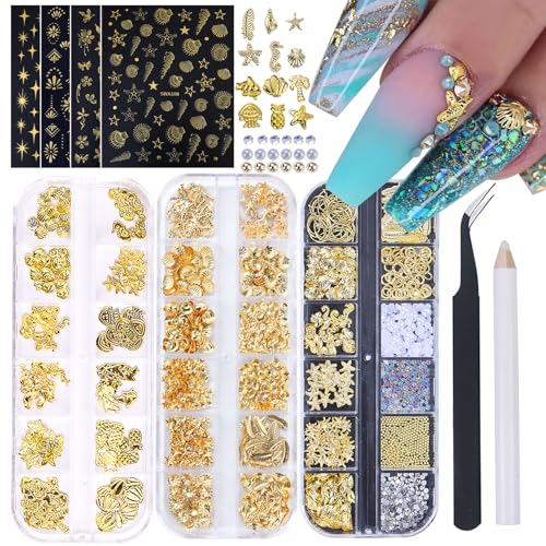 Ocean Summer Nail Charms Kits 36 Styles Beach Metallic Nail Art Studs Pearls Beads Gold Rhinestones Starfish Seashell Designs with Tweezers Stickers DIY Tropical Flatback Nails Decoration Supplies