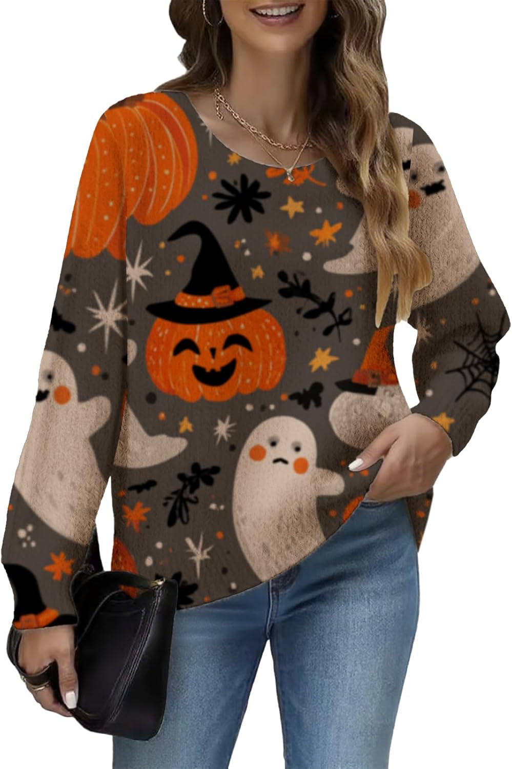 Halloween Sweaters for Women Chunky Fleece Sweater Women Long Sleeve Tops Crochet Knit Pullover Fashion Outfits
