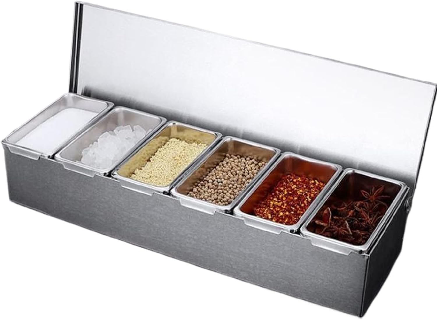 Pizza Topping Station, Stainless Steel Condiment Container with Lids Detachable Organizer for Home Restaurant, 6 Compartment